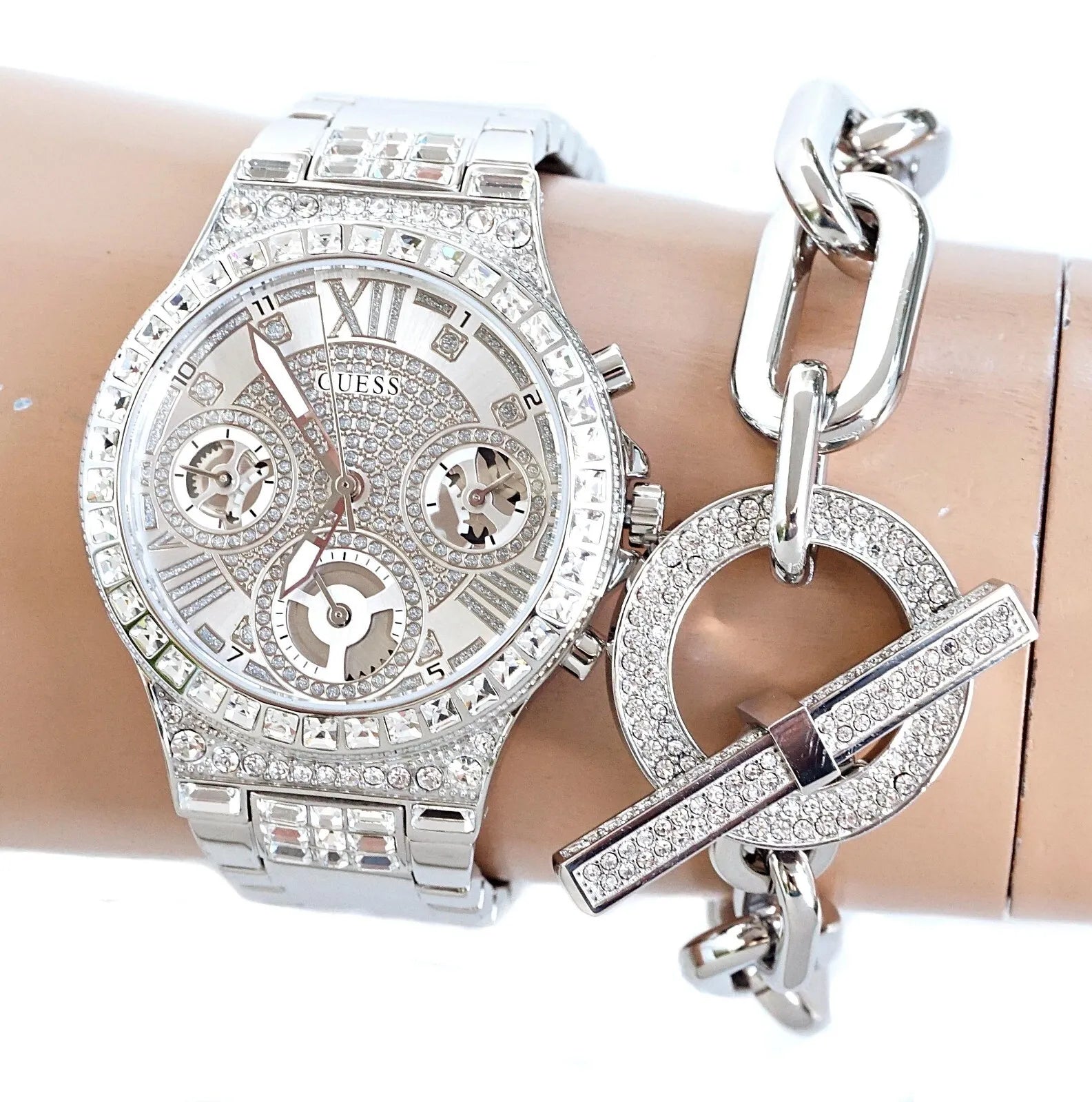  Shop Authentic Guess Moonlight Multi Function Diamonds Silver Dial Silver Steel Strap Watch for Women - GW0320L1 - Luxxuri