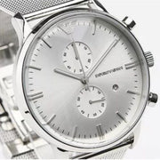  Shop Authentic Emporio Armani Classic Chronograph Quartz Silver Dial Silver Mesh Bracelet Watch For Men - AR0390 - Luxxuri