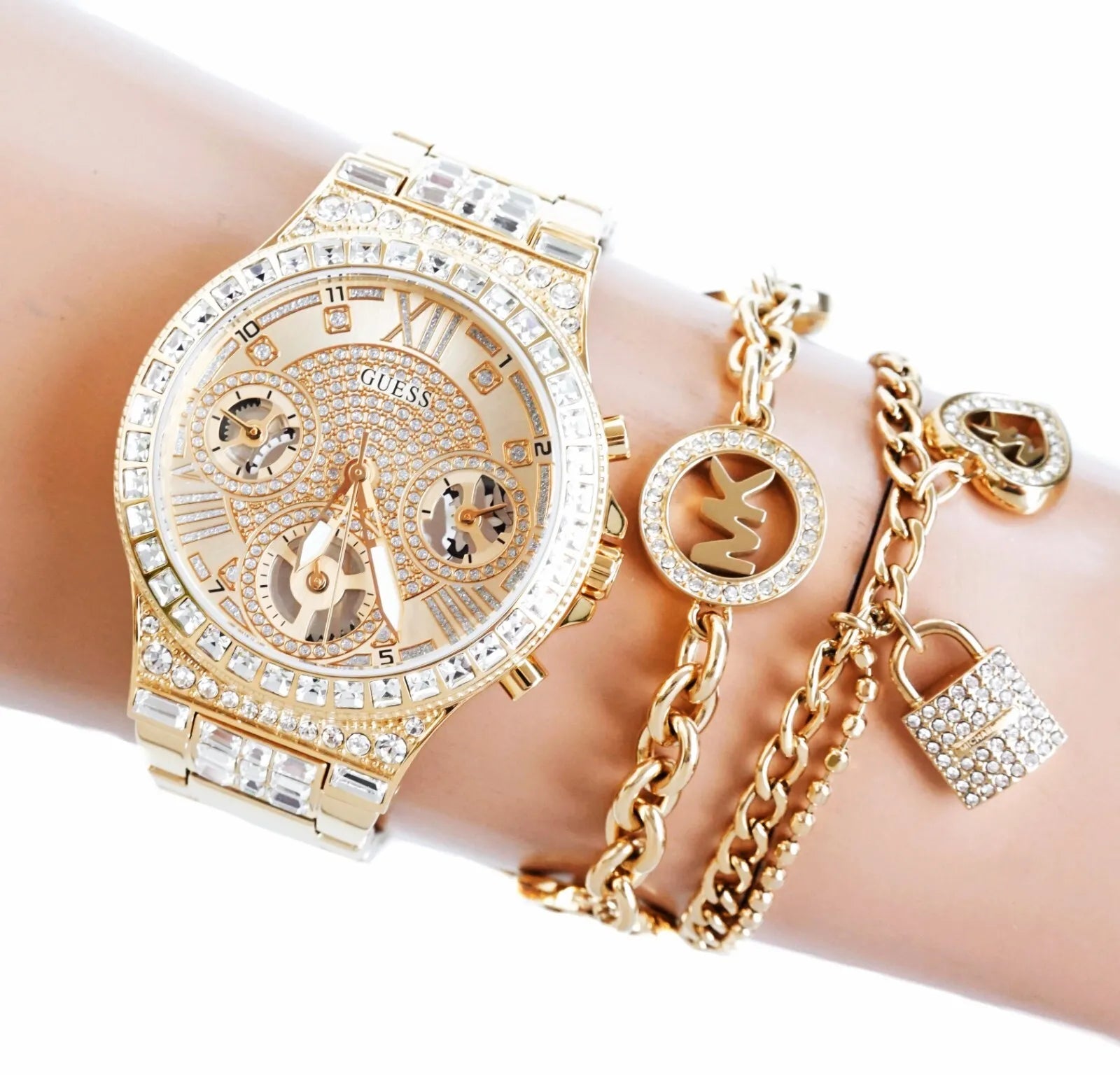  Shop Authentic Guess Moonlight Multi Function Diamonds Gold Dial Gold Steel Strap Watch for Women - GW0320L2 - Luxxuri