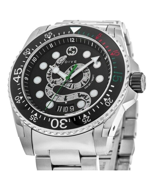  Shop Authentic Gucci Dive Snake Black Dial Silver Steel Strap Watch For Men - YA136218 - Luxxuri