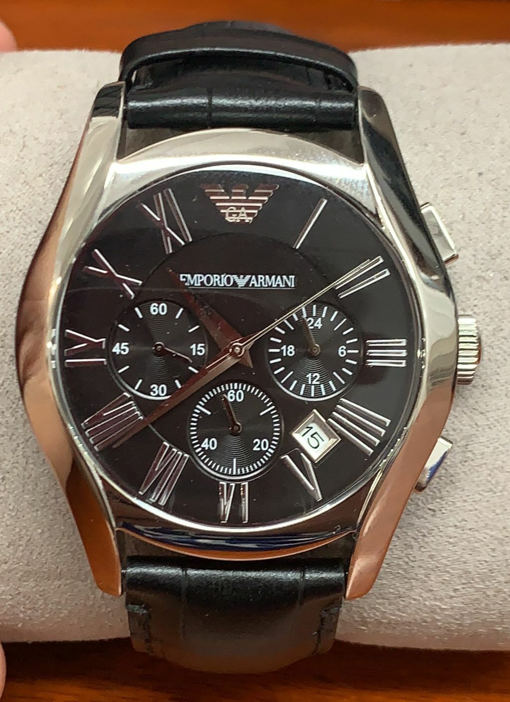  Shop Authentic Emporio Armani Valente Chronograph Black Dial Black Leather Strap Watch For Men - AR1633 - Luxxuri