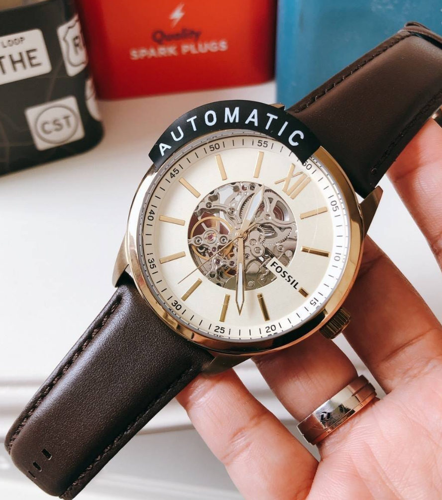  Shop Authentic Fossil Flynn Mechanical Skeleton Beige Dial Brown Leather Strap Watch for Men - BQ2215 - Luxxuri