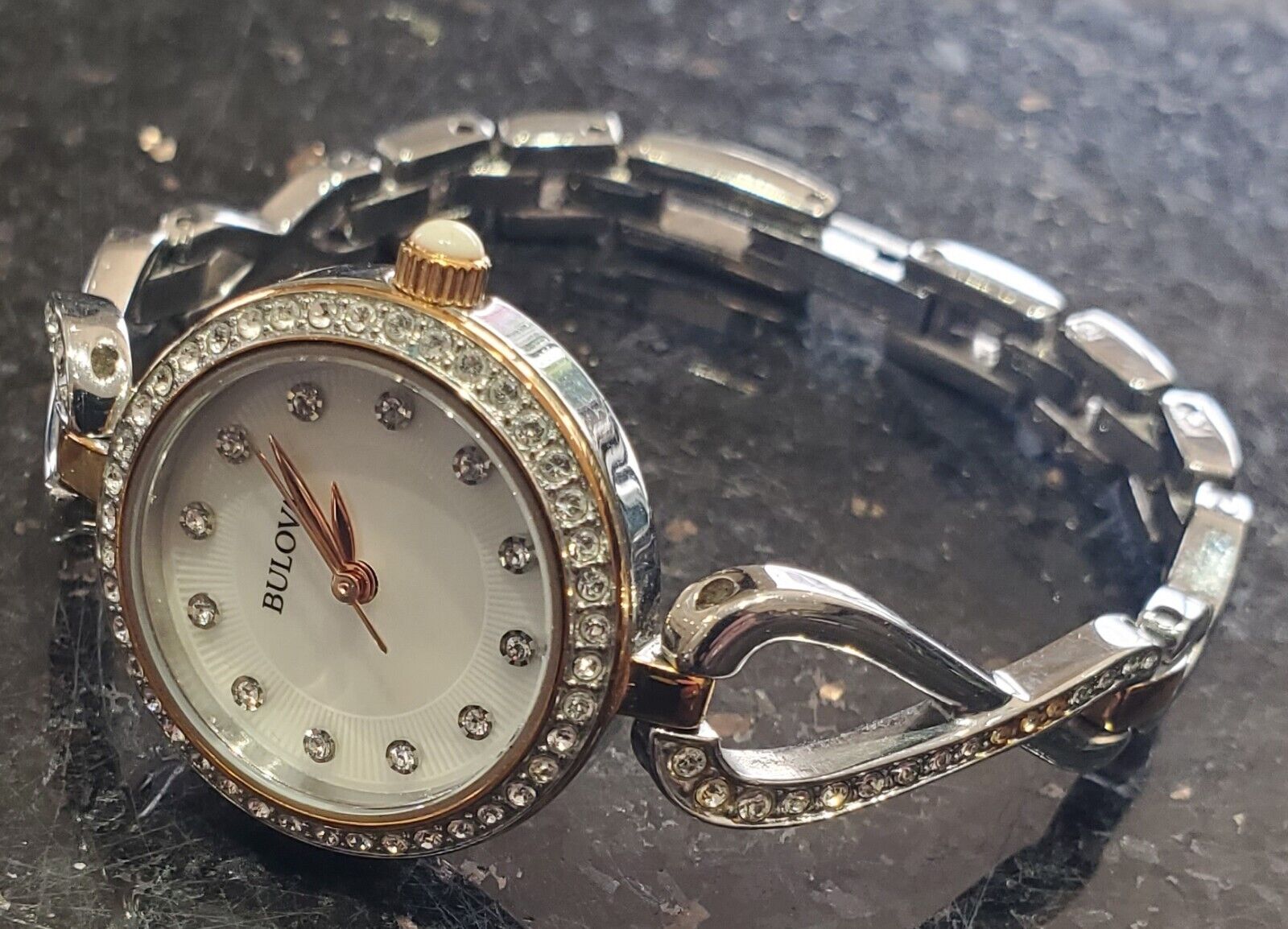  Shop Authentic Bulova Crystals Mother of Pearl Dial Two Tone Steel Strap Watch for Women - 98X108 - Luxxuri