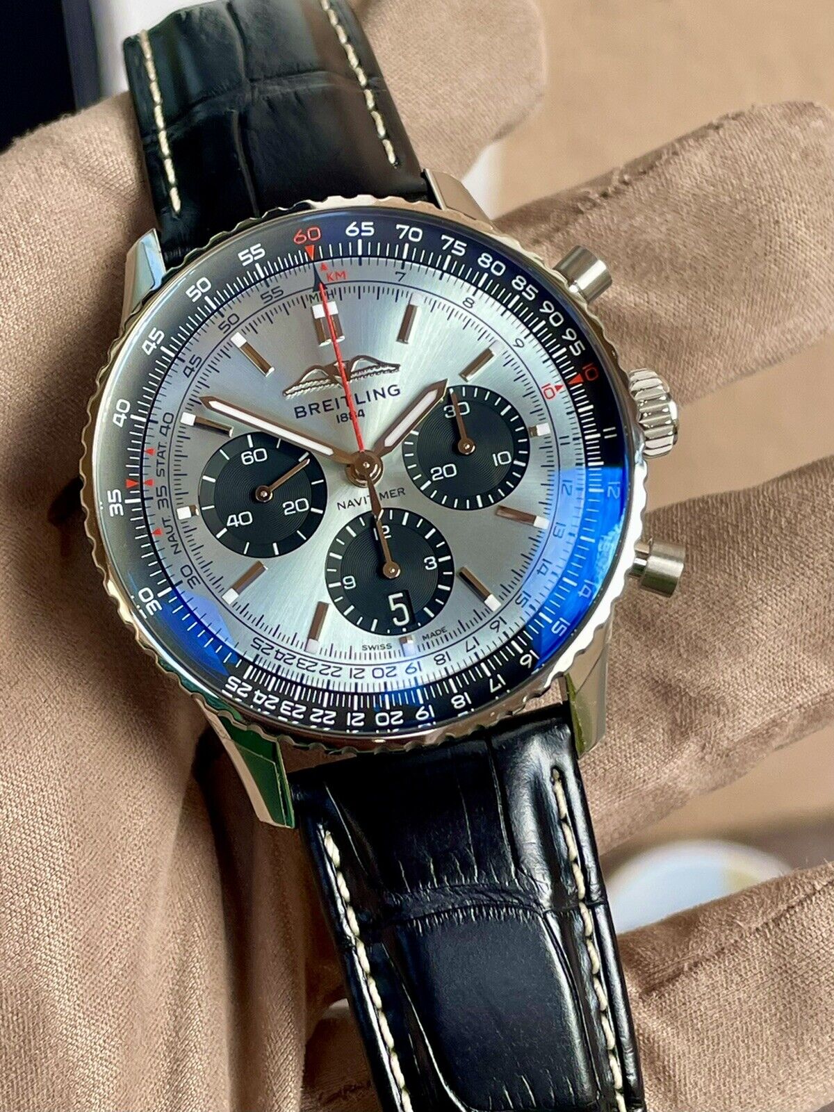  Shop Authentic Breitling Navitimer B01 Chronograph 43 Blue Dial Black Leather Strap Watch for Men - AB0138241C1P1 - Luxxuri