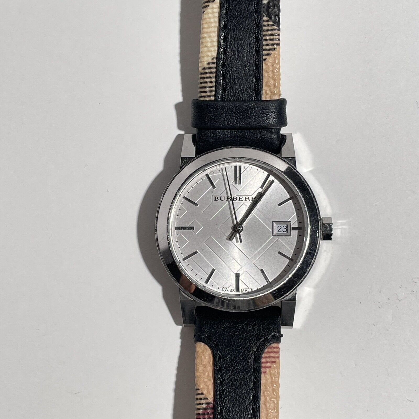  Shop Authentic Burberry The City White Dial Black Haymarket Leather Strap Watch for Women - BU9150 - Luxxuri