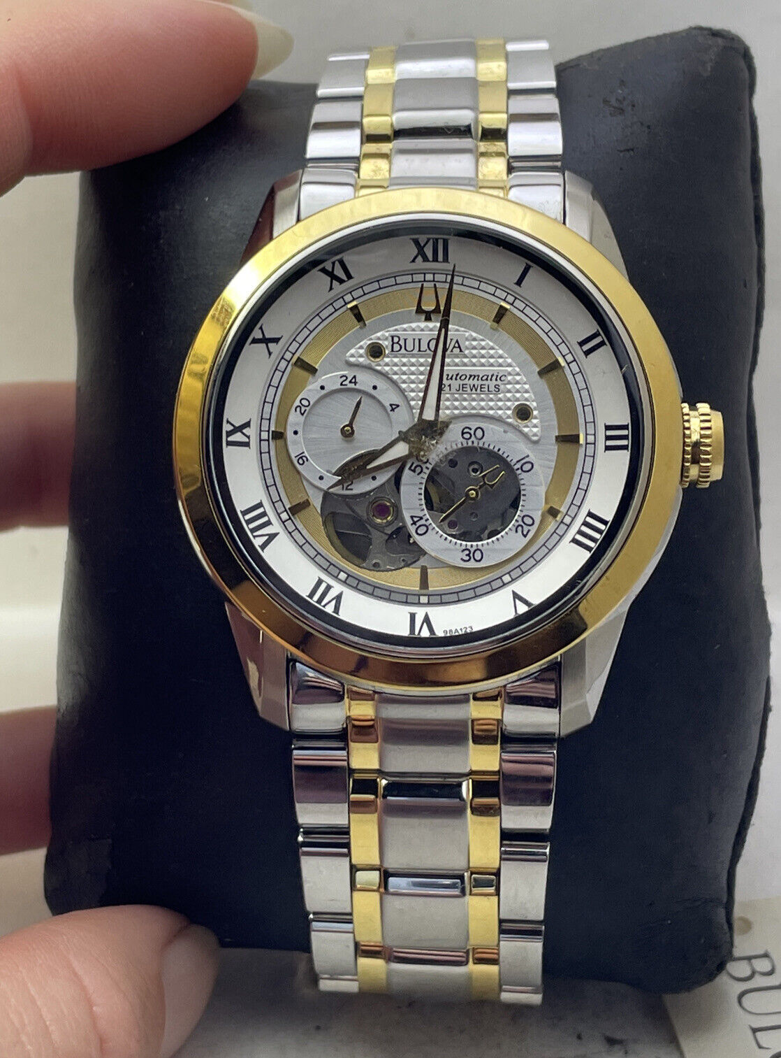  Shop Authentic Bulova BVA Skeleton Silver Dial Two Tone Steel Strap Watch for Men - 98A123 - Luxxuri