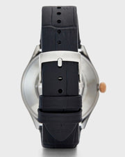  Shop Authentic Emporio Armani Zeta Skeleton Automatic Silver Dial Black Leather Strap Watch For Men - AR60018 - Luxxuri