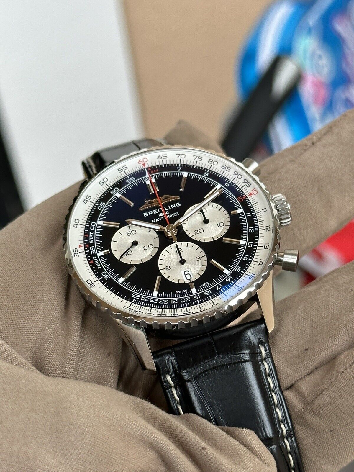  Shop Authentic Breitling Navitimer B01 Chronograph 46 Black Dial Black Leather Strap Watch for Men - AB0137211B1P1 - Luxxuri