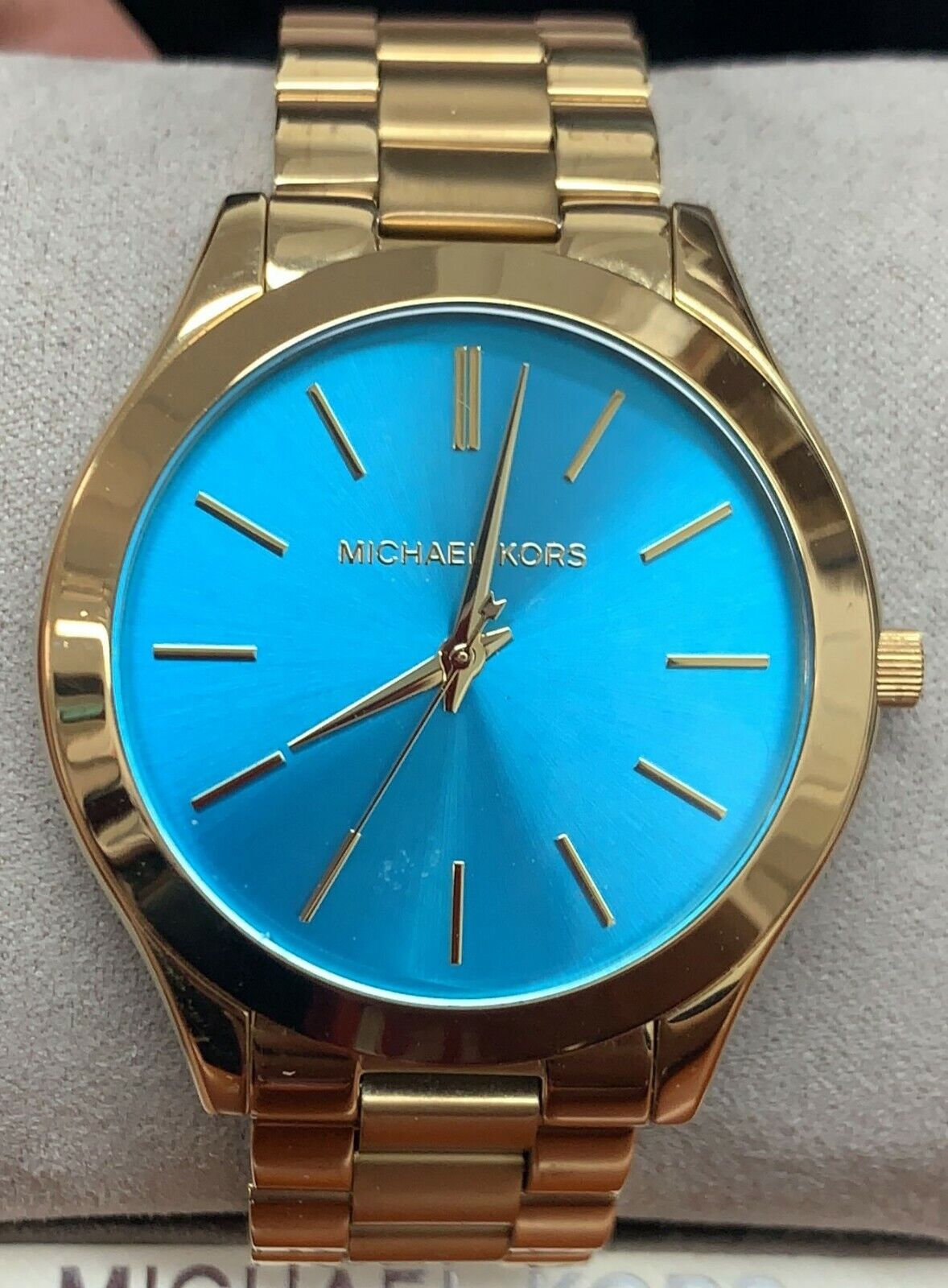  Shop Authentic Michael Kors Slim Runway Blue Dial Gold Steel Strap Watch for Women - MK3265 - Luxxuri