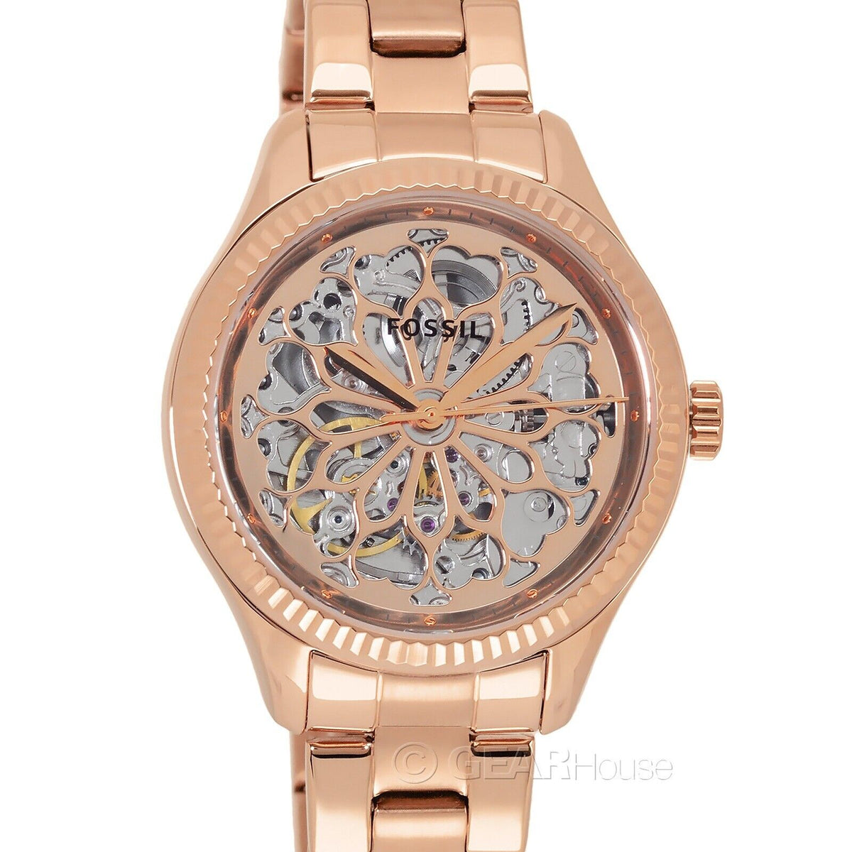  Shop Authentic Fossil Rye Automatic Skeleton Rose Gold Dial Rose Gold Steel Strap Watch for Women - BQ3754 - Luxxuri