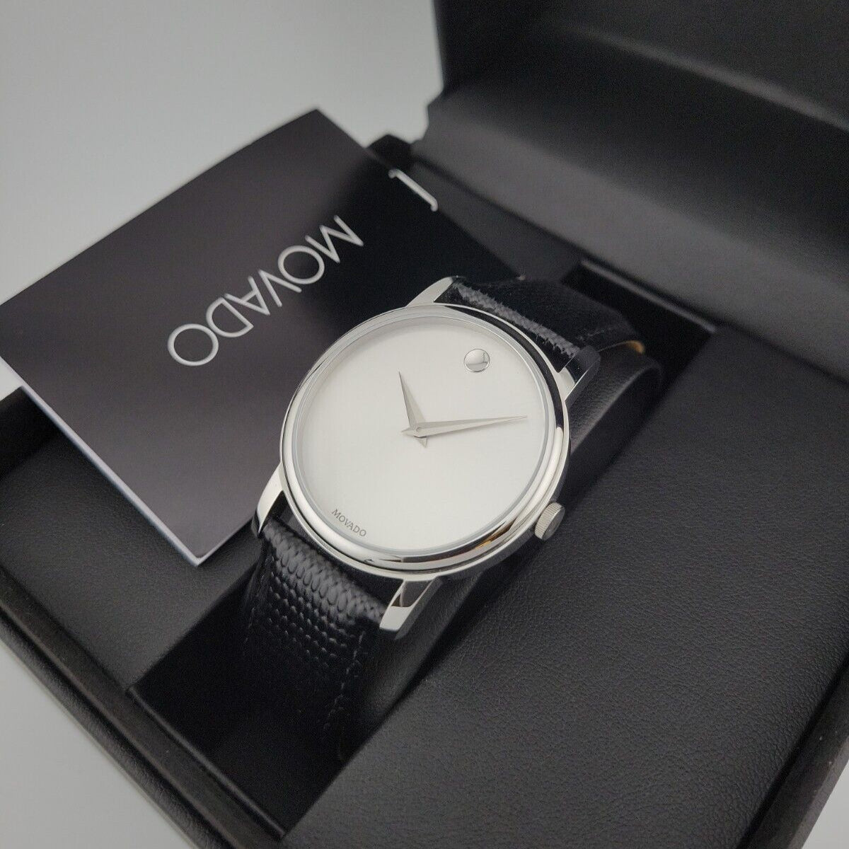  Shop Authentic Movado Museum Quartz Silver Dial Black Leather Strap Watch For Men - 2100001 - Luxxuri