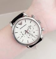  Shop Authentic Emporio Armani Classic Quartz Chronograph White Dial Black Leather Strap Watch For Men - AR1807 - Luxxuri