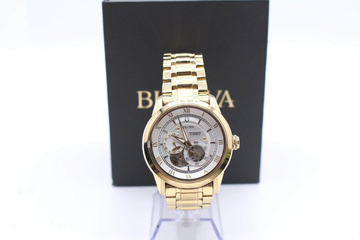  Shop Authentic Bulova BVA Skeleton Silver Dial Gold Steel Strap Watch for Men - 97A108 - Luxxuri