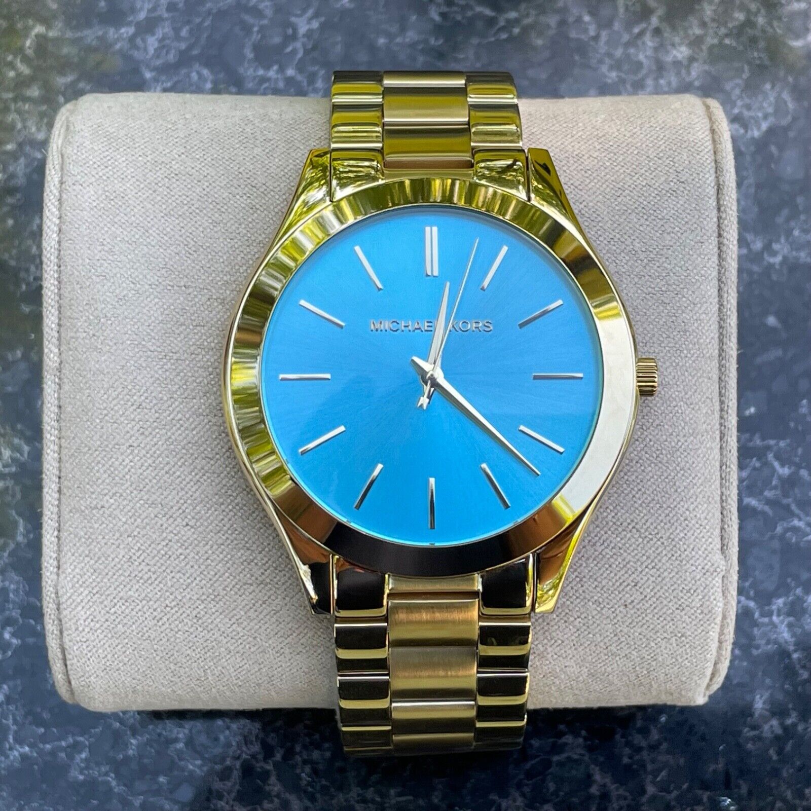  Shop Authentic Michael Kors Slim Runway Blue Dial Gold Steel Strap Watch for Women - MK3265 - Luxxuri