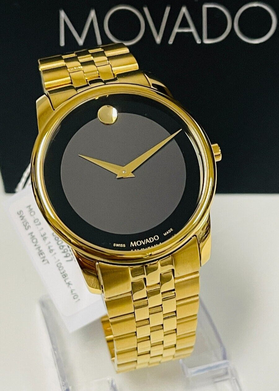  Shop Authentic Movado Museum Black Dial Gold Steel Strap Watch For Men - 606997 - Luxxuri