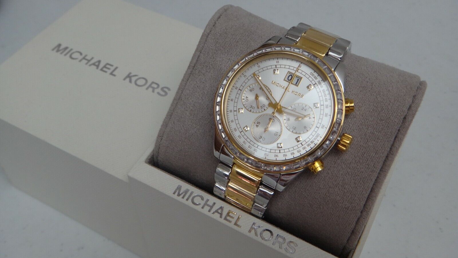  Shop Authentic Michael Kors Brinkley Chronograph Silver Dial Two Tone Steel Strap Watch for Women - MK6188 - Luxxuri