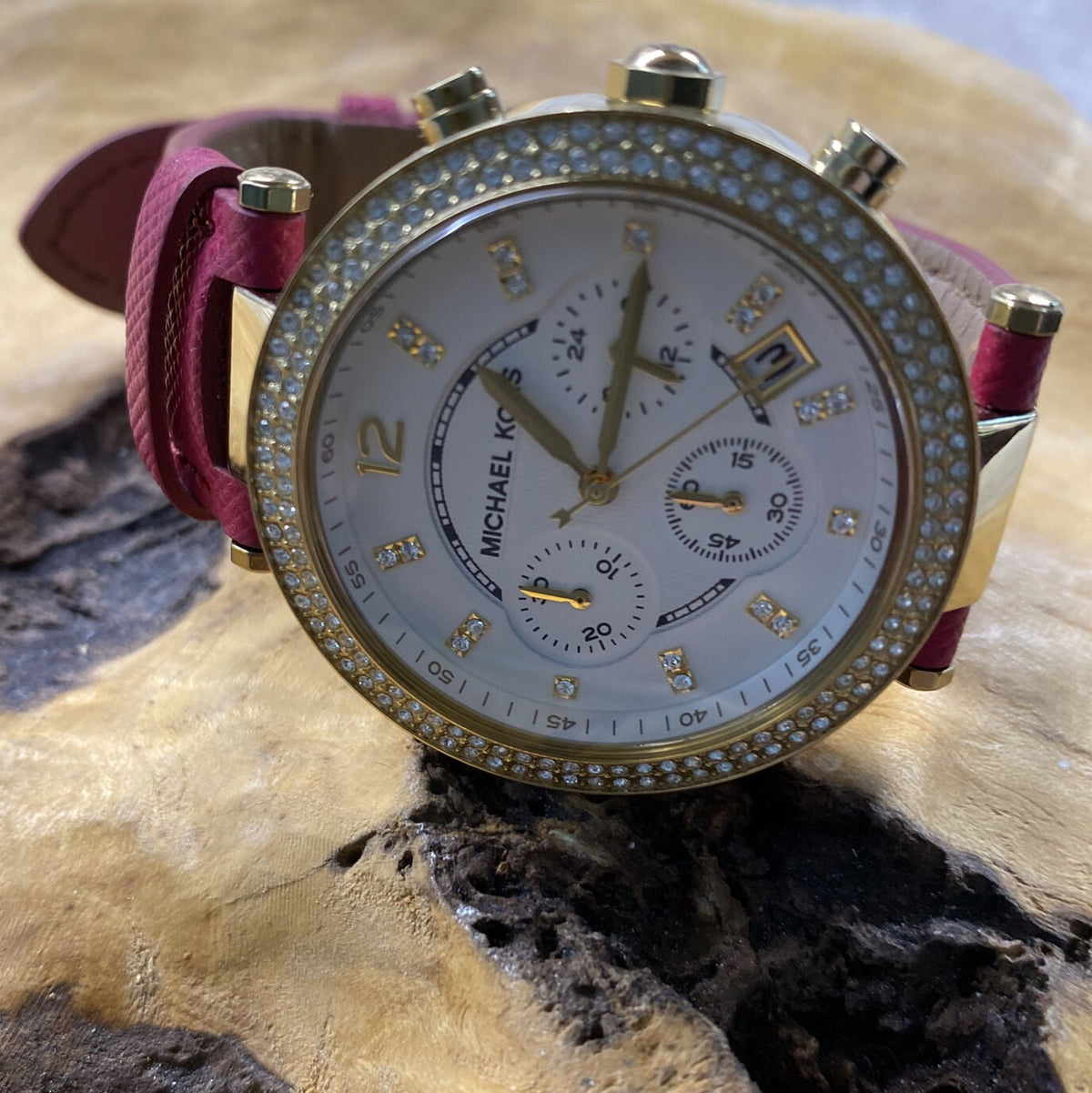  Shop Authentic Michael Kors Parker Chronograph White Dial Pink Leather Strap Watch for Women - MK2297 - Luxxuri