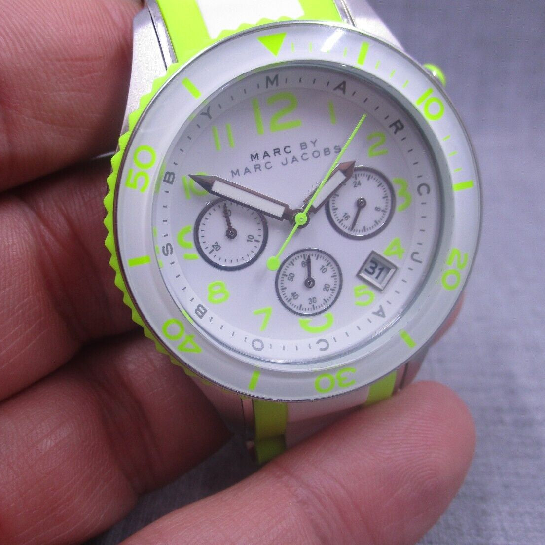  Shop Authentic Marc Jacobs Rock Chronograph White Dial White & Green Silicone Strap Watch for Women - MBM2592 - Luxxuri
