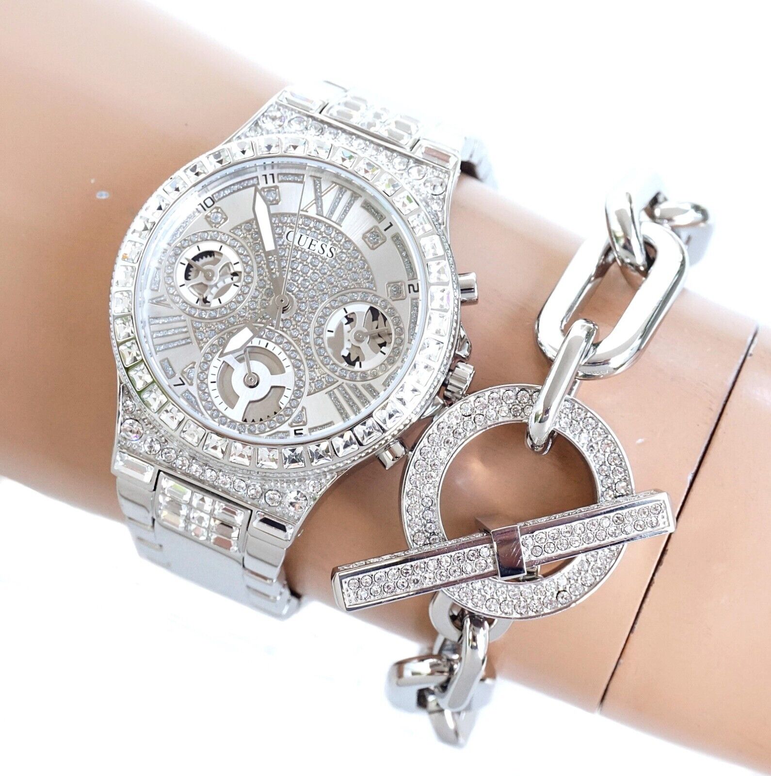  Shop Authentic Guess Moonlight Multi Function Diamonds Silver Dial Silver Steel Strap Watch for Women - GW0320L1 - Luxxuri