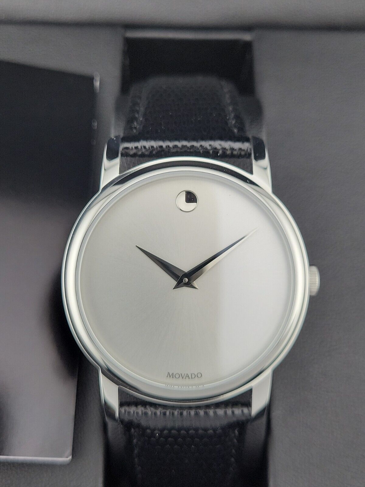  Shop Authentic Movado Museum Quartz Silver Dial Black Leather Strap Watch For Men - 2100001 - Luxxuri