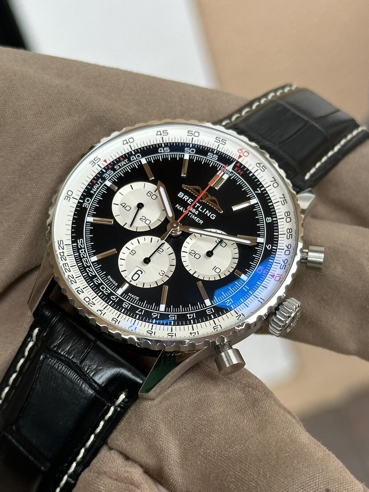  Shop Authentic Breitling Navitimer B01 Chronograph 46 Black Dial Black Leather Strap Watch for Men - AB0137211B1P1 - Luxxuri