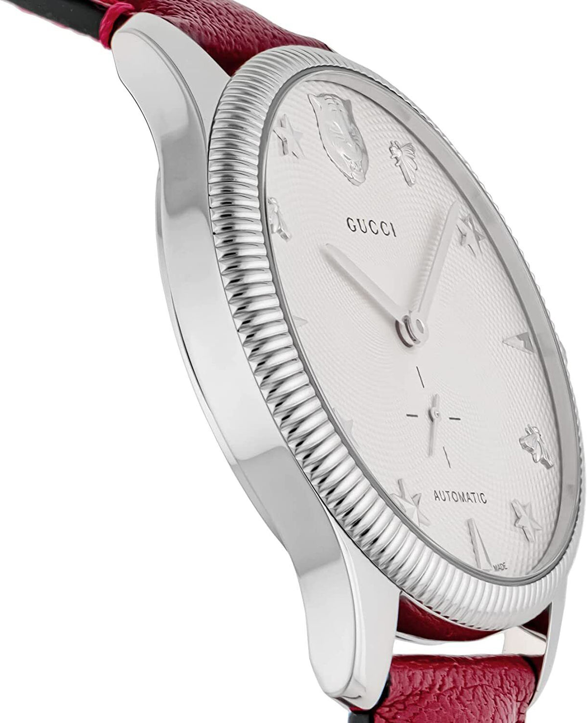  Shop Authentic Gucci G Timeless Automatic Silver Dial Red Leather Strap Watch For Men - YA126346 - Luxxuri