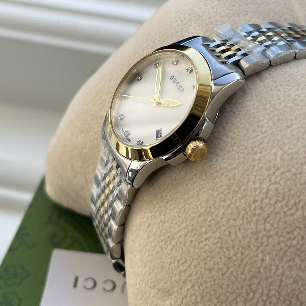  Shop Authentic Gucci G Timeless Diamonds Mother of Pearl Dial Two Tone Mesh Bracelet Watch for Women - YA126513 - Luxxuri