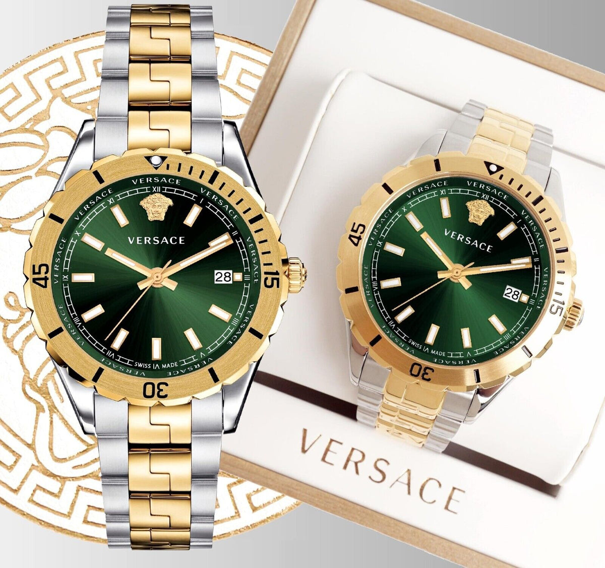  Shop Authentic Versace Hellenyium Quartz Green Dial Two Tone Steel Strap Watch For Men - VE3A00720 - Luxxuri
