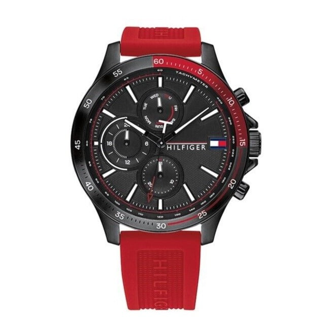  Shop Authentic Tommy Hilfiger Multifunction Quartz Black Dial Red Rubber Strap Watch for Men  - 1791722 - Luxxuri