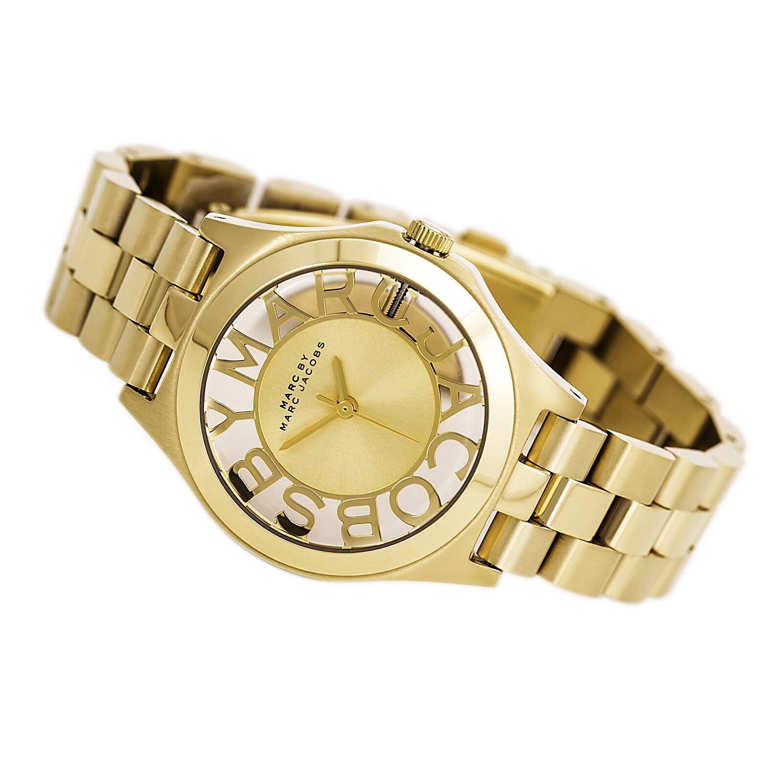  Shop Authentic Marc Jacobs Henry Transparent Gold Dial Gold Steel Strap Watch for Women - MBM3338 - Luxxuri