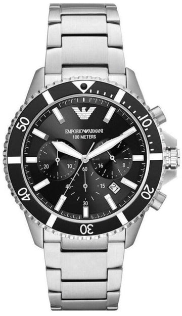  Shop Authentic Emporio Armani Diver Chronograph Quartz Black Dial Silver Steel Strap Watch For Men - AR11360 - Luxxuri