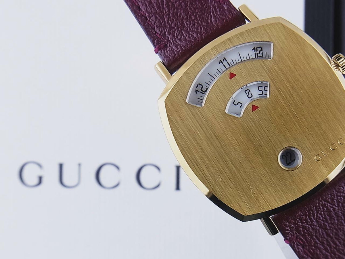  Shop Authentic Gucci Grip Quartz Yellow Gold Dial Maroon Leather Strap Watch For Women - YA157405 - Luxxuri