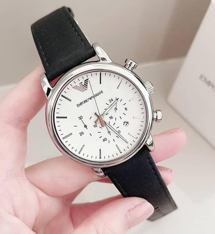  Shop Authentic Emporio Armani Classic Quartz Chronograph White Dial Black Leather Strap Watch For Men - AR1807 - Luxxuri