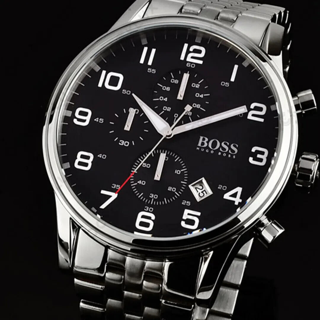  Shop Authentic Hugo Boss Aeroliner Chronograph Quartz Black Dial Silver Steel Strap Watch For Men - HB1512446 - Luxxuri