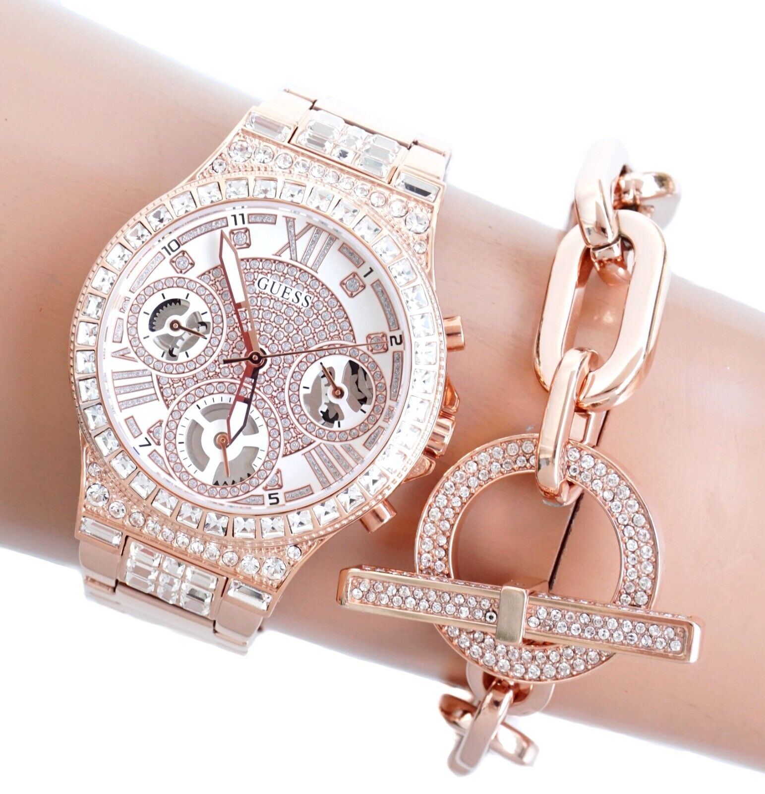  Shop Authentic Guess Moonlight Multi Function Diamonds White Dial Rose Gold Steel Strap Watch for Women - GW0320L3 - Luxxuri