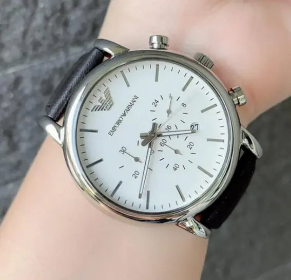  Shop Authentic Emporio Armani Classic Quartz Chronograph White Dial Black Leather Strap Watch For Men - AR1807 - Luxxuri