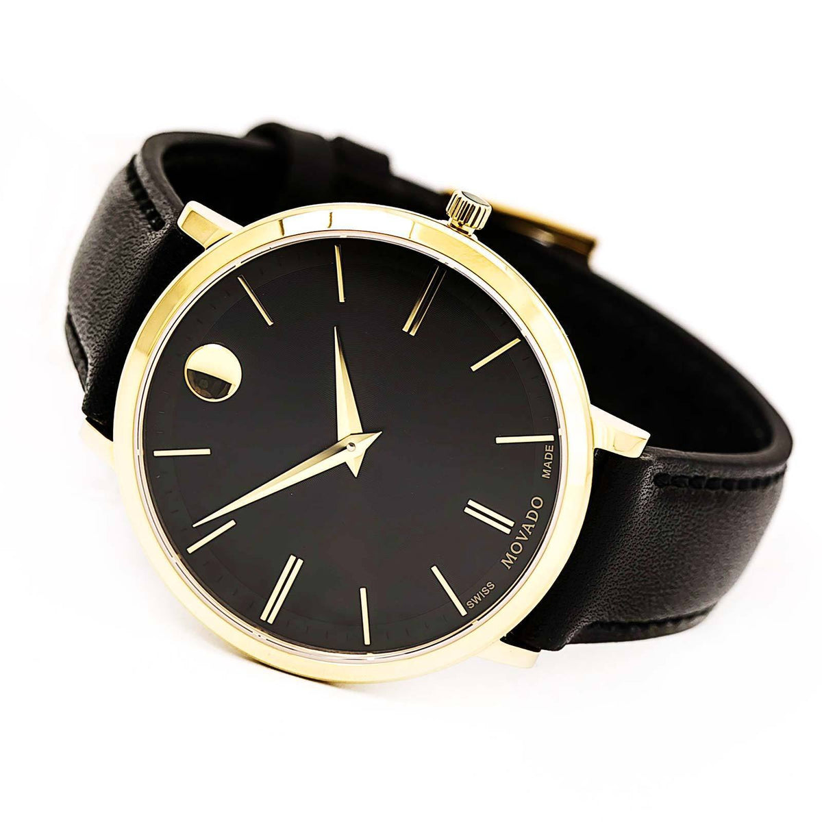  Shop Authentic Movado Ultra Slim Black Dial Black Leather Strap Watch For Women - 0607091 - Luxxuri