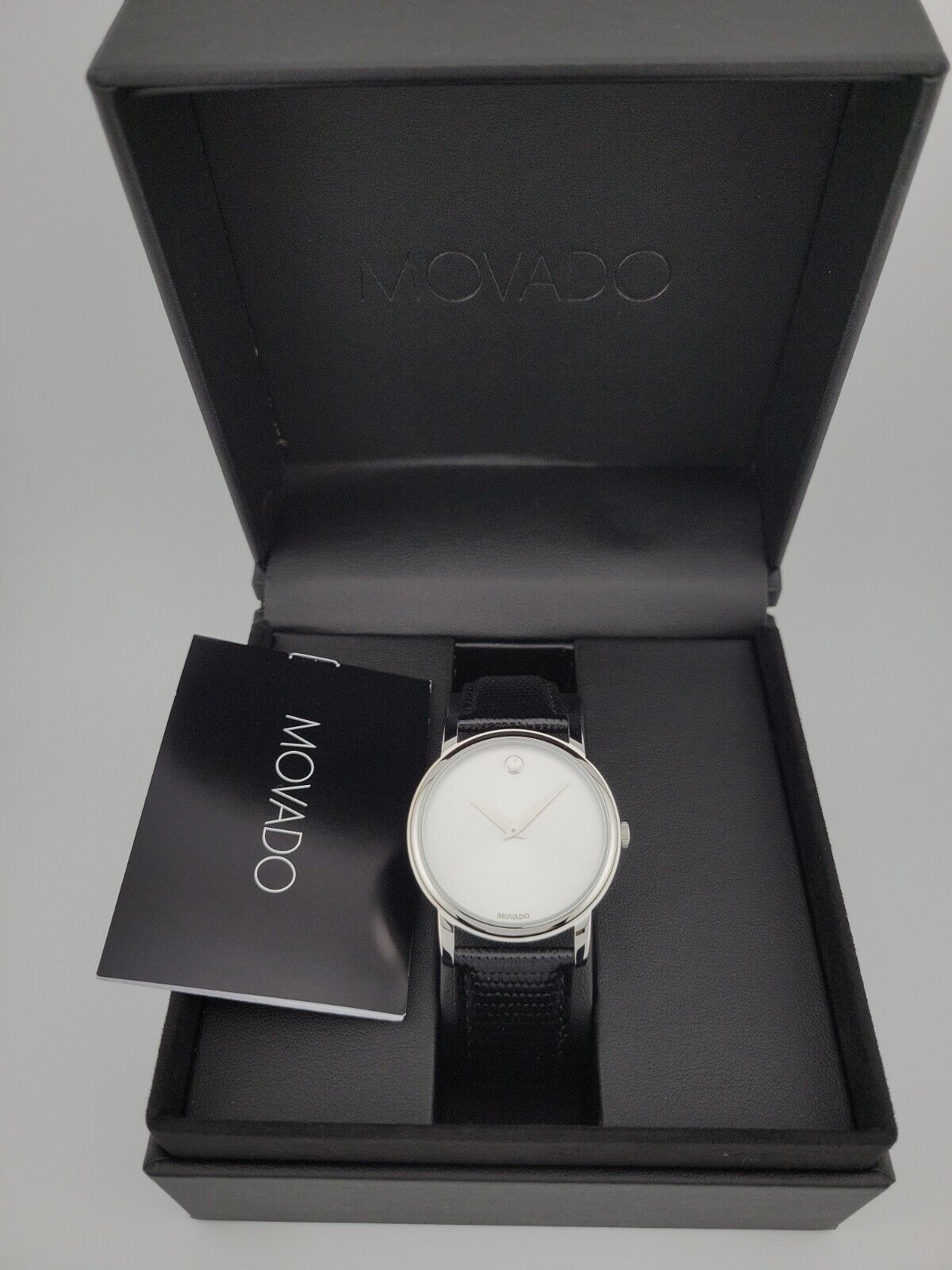  Shop Authentic Movado Museum Quartz Silver Dial Black Leather Strap Watch For Men - 2100001 - Luxxuri