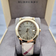  Shop Authentic Burberry The City Gold Dial Haymarket Brown Leather Strap Watch for Women - BU9026 - Luxxuri