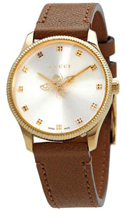 Shop Authentic Gucci G Timeless Quartz Silver Dial Brown Leather Strap Watch For Women - YA1265022 - Luxxuri