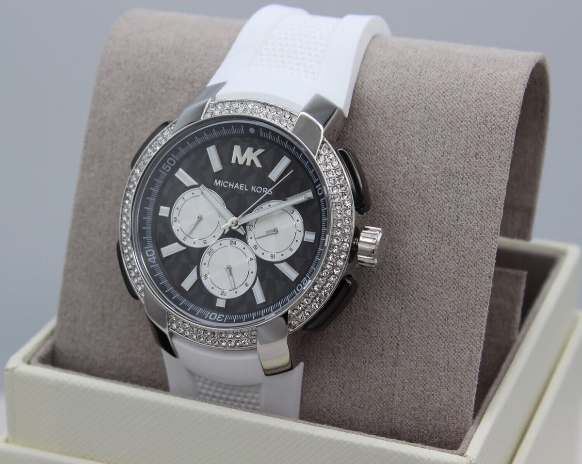  Shop Authentic Michael Kors Sidney Multifunction Black Dial White Silicone Strap Watch For Women - MK6947 - Luxxuri