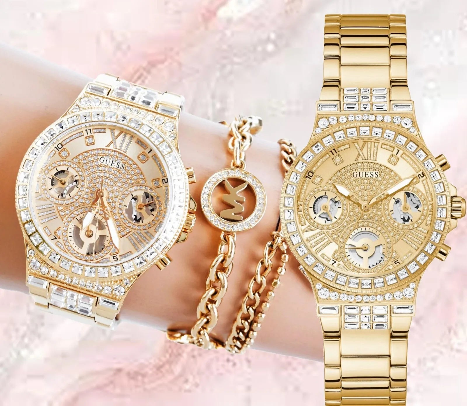  Shop Authentic Guess Moonlight Multi Function Diamonds Gold Dial Gold Steel Strap Watch for Women - GW0320L2 - Luxxuri