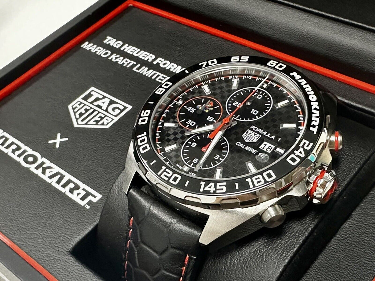  Shop Authentic Tag Heuer Formula 1 Mario Kart Chronograph Black Dial Black Leather Strap Watch for Men - CAZ201E.FC6517 - Luxxuri