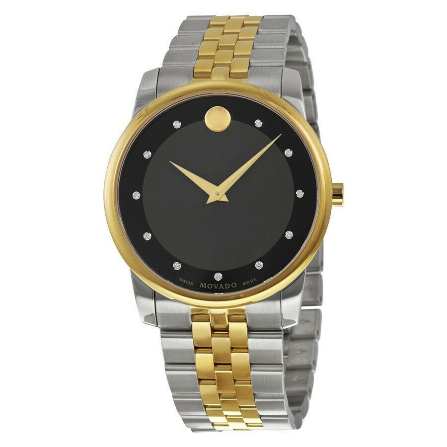 Movado Museum Classic Diamonds Black Dial Two Tone Steel Strap Watch For Men - 0606879