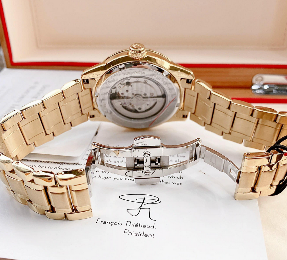  Shop Authentic Bulova BVA Skeleton Silver Dial Gold Steel Strap Watch for Men - 97A108 - Luxxuri