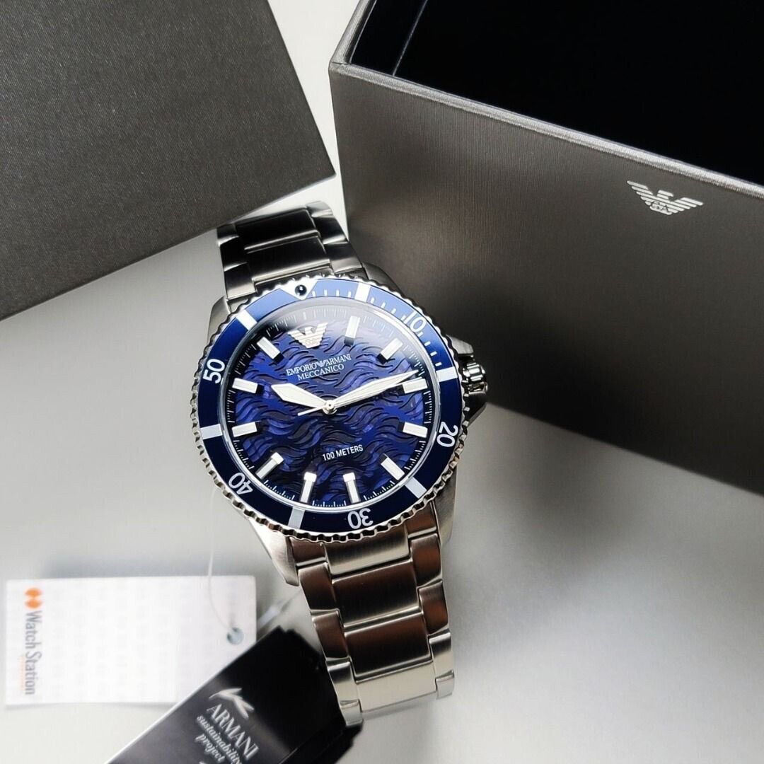  Shop Authentic Emporio Armani Meccanico Automatic Blue Dial Silver Steel Strap Watch For Men - AR60059 - Luxxuri