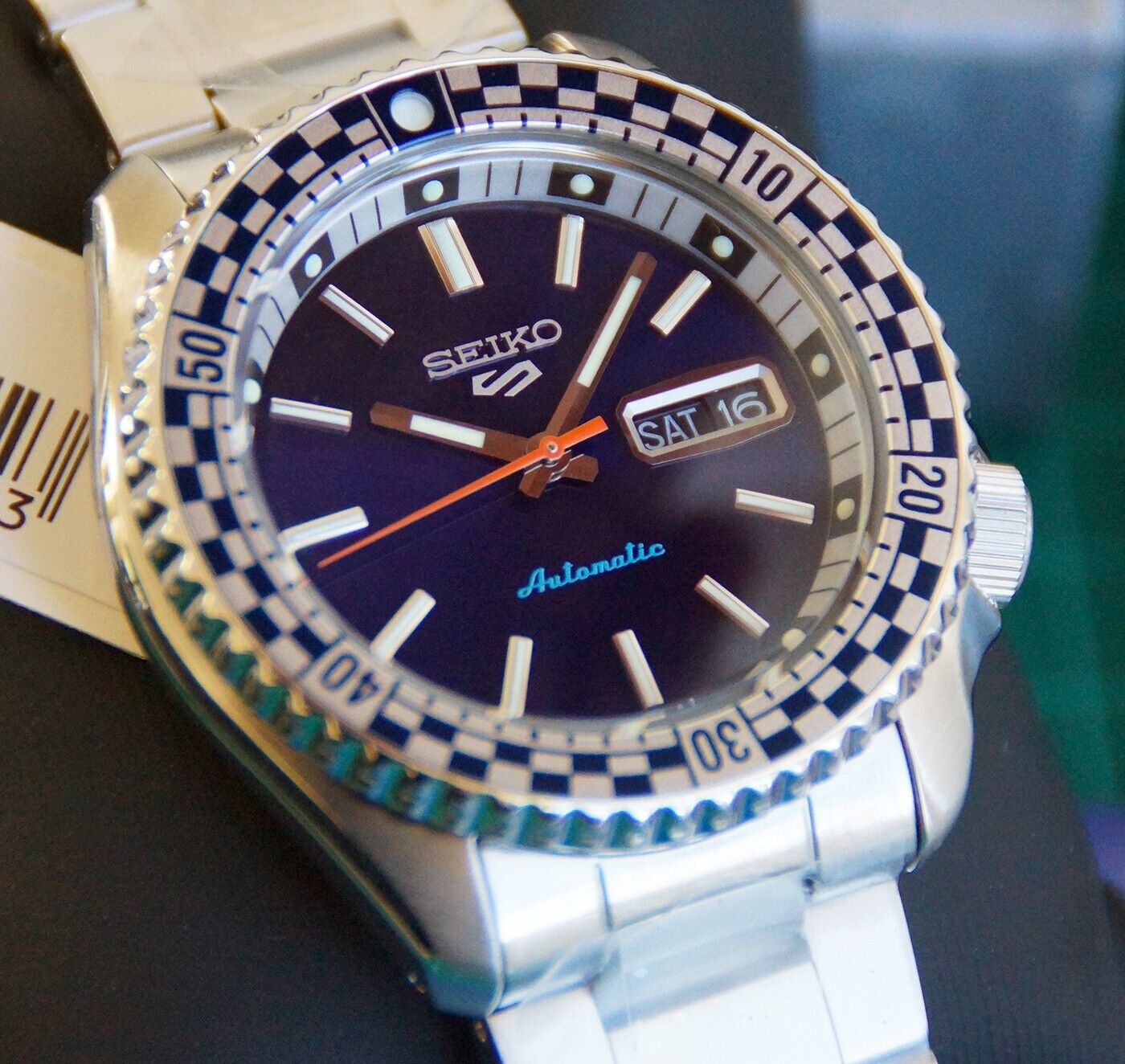  Shop Authentic Seiko 5 Sports Petrol Blue Checker Flag Special Edition Blue Dial Silver Steel Strap Watch For Men - SRPK65K1 - Luxxuri