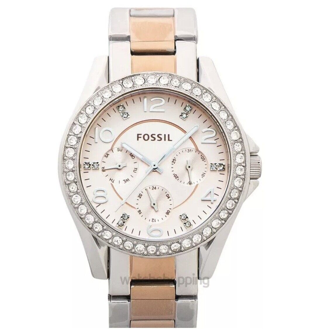  Shop Authentic Fossil Riley Multifunction Rose Gold Dial Two Tone Steel Strap Watch for Women - ES4145 - Luxxuri