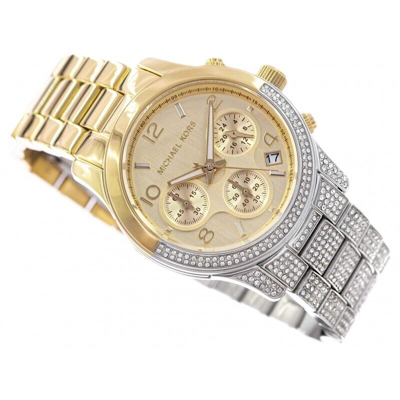  Shop Authentic Michael Kors Runway Chronograph Gold Dial Two Tone Steel Strap Watch For Women - MK7329 - Luxxuri