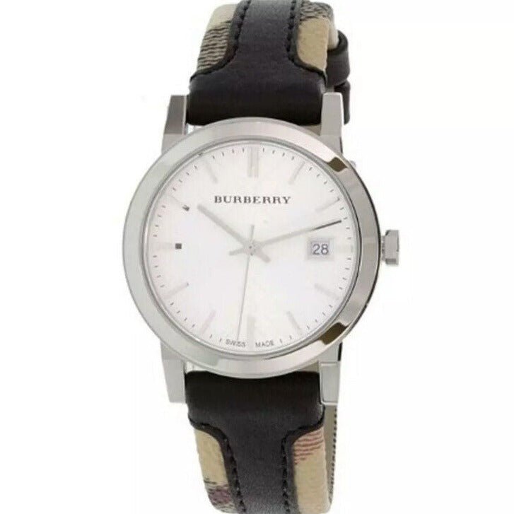  Shop Authentic Burberry The City White Dial Black Haymarket Leather Strap Watch for Women - BU9150 - Luxxuri